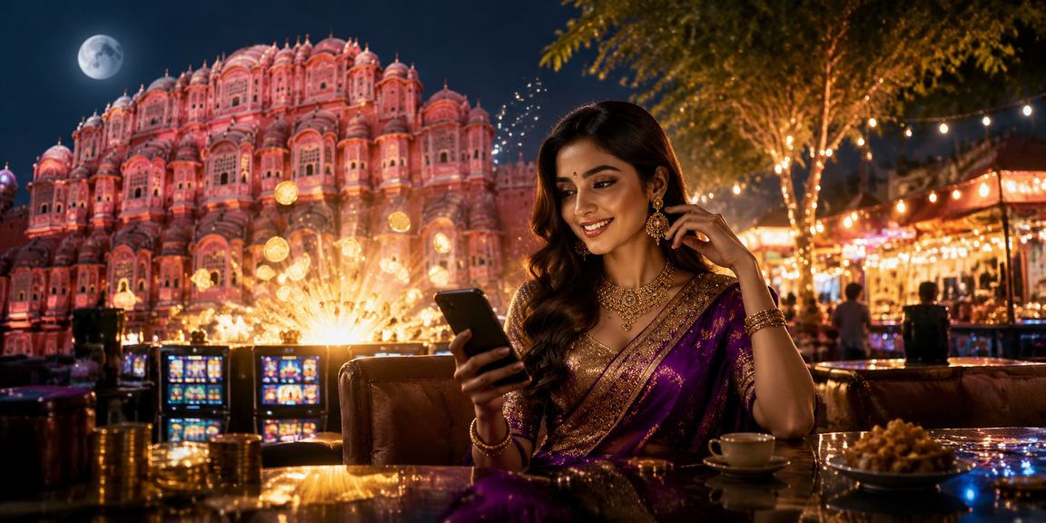 Night market in Jaipur with mobile users enjoying online casino