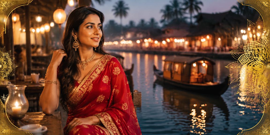 Serene view of Kerala backwaters with a woman enjoying online betting